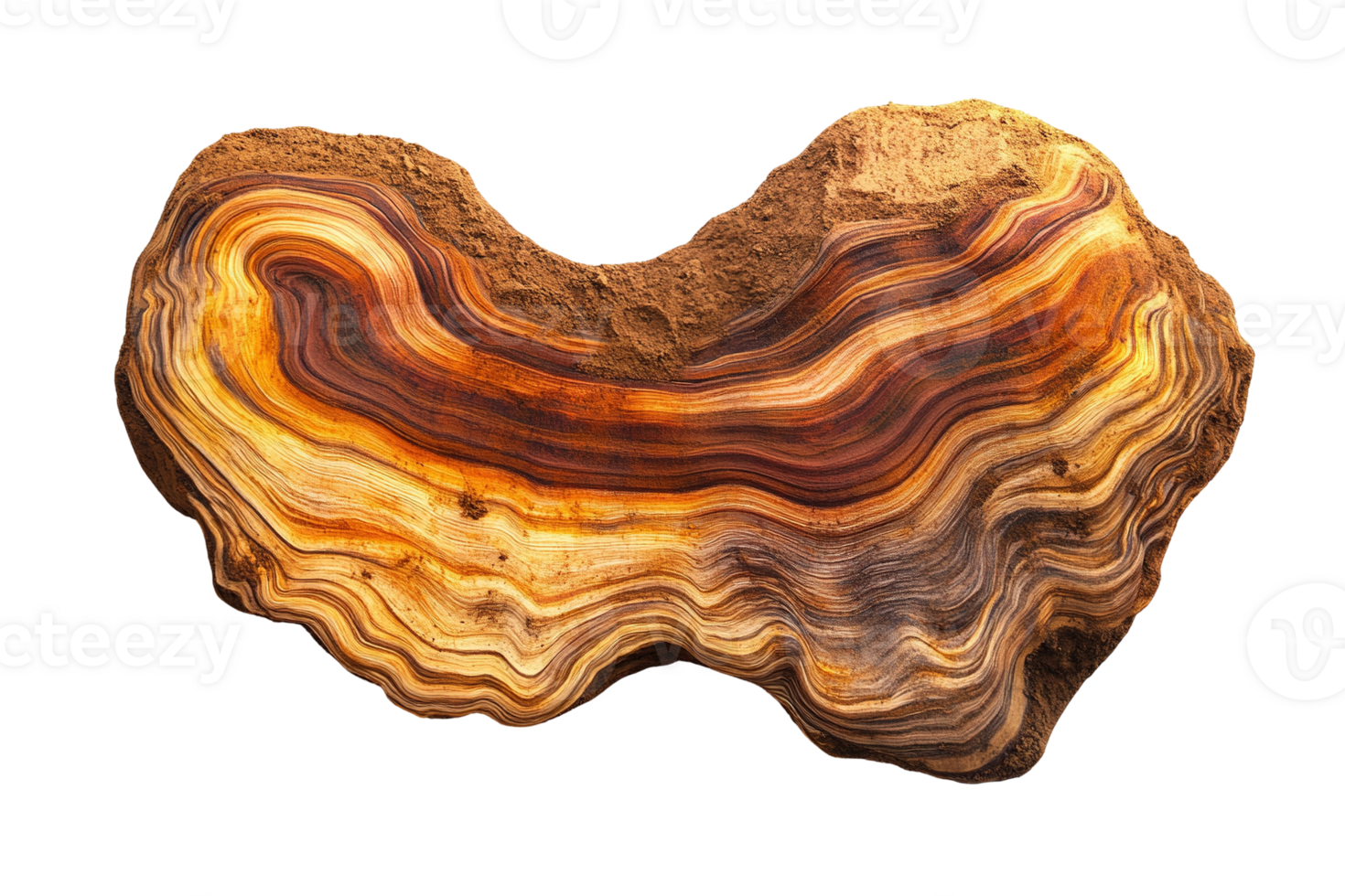 Striated stone slab with wavy layers in warm brown tones. Isolated on transparent background png