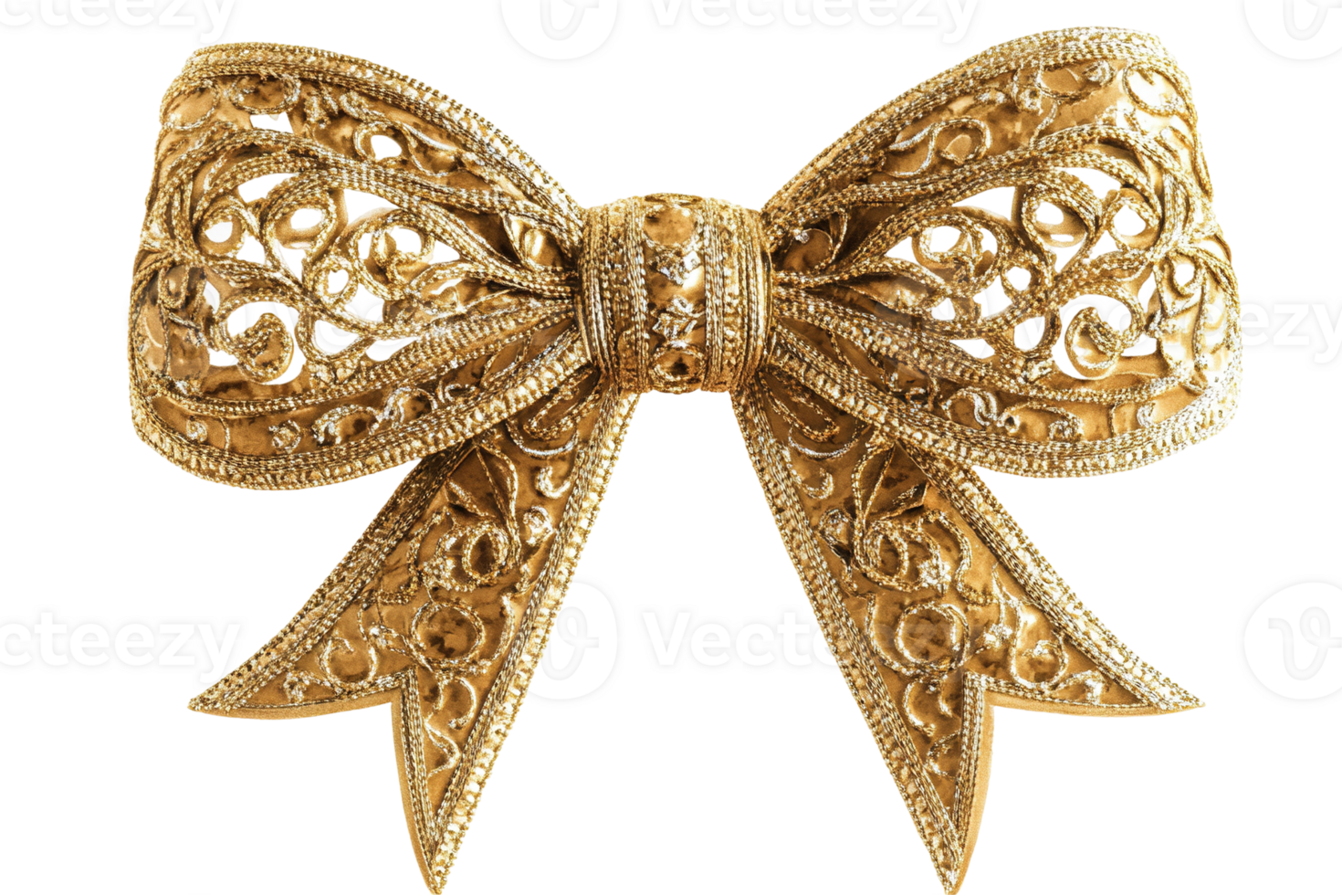 Gold ornate bow. Delicate filigree, ribbon loops, and knot create an elegant, luxurious decorative design transparent background backdrop png
