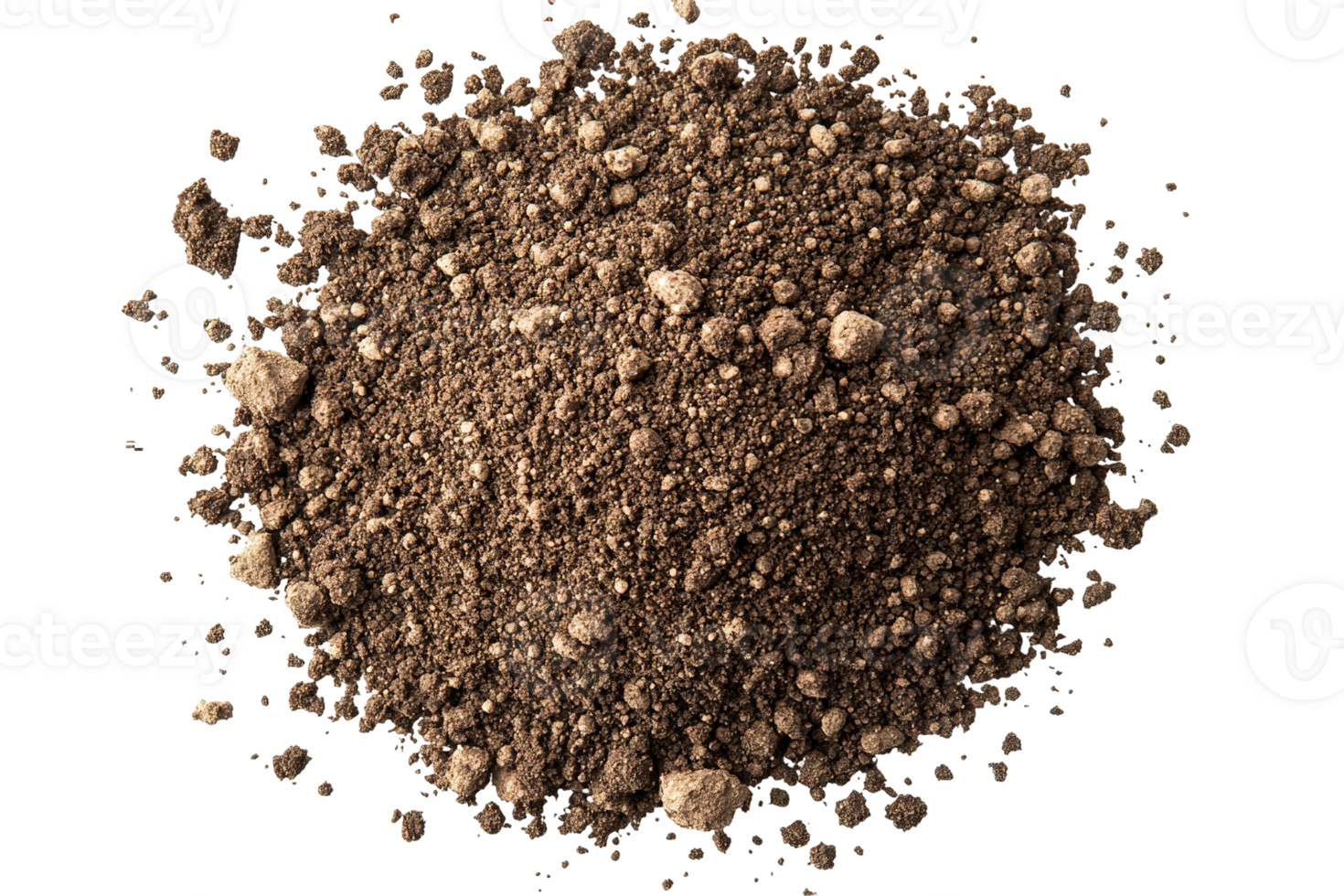 Pile of dark brown soil with small rocks and crumbs, filling the frame transparent background png