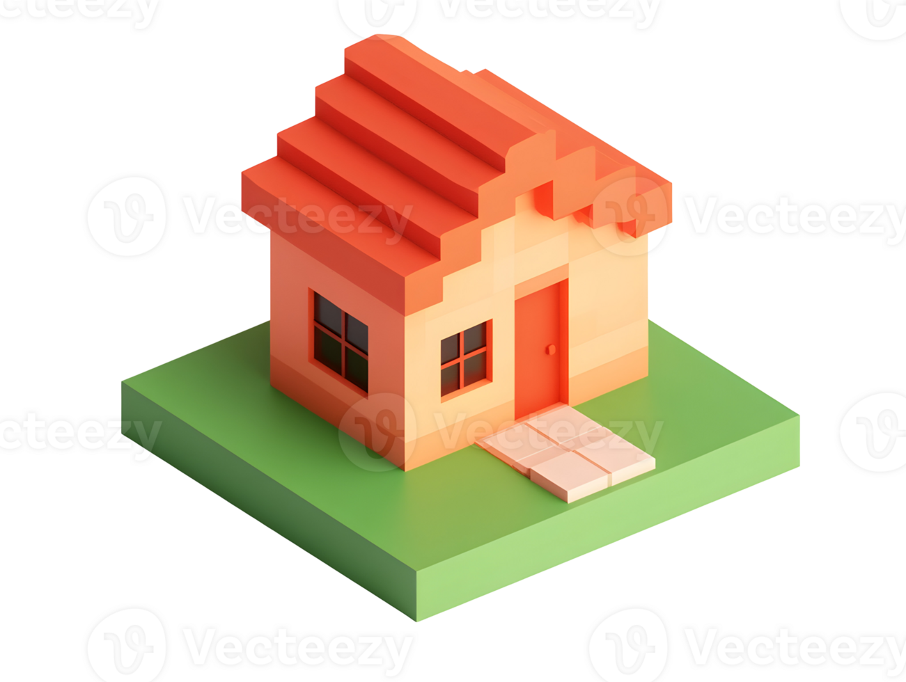 Pixelated house on grassy platform, isometric view. Small building, red roof. Simple design, clean. Minimalist style on transparent background png