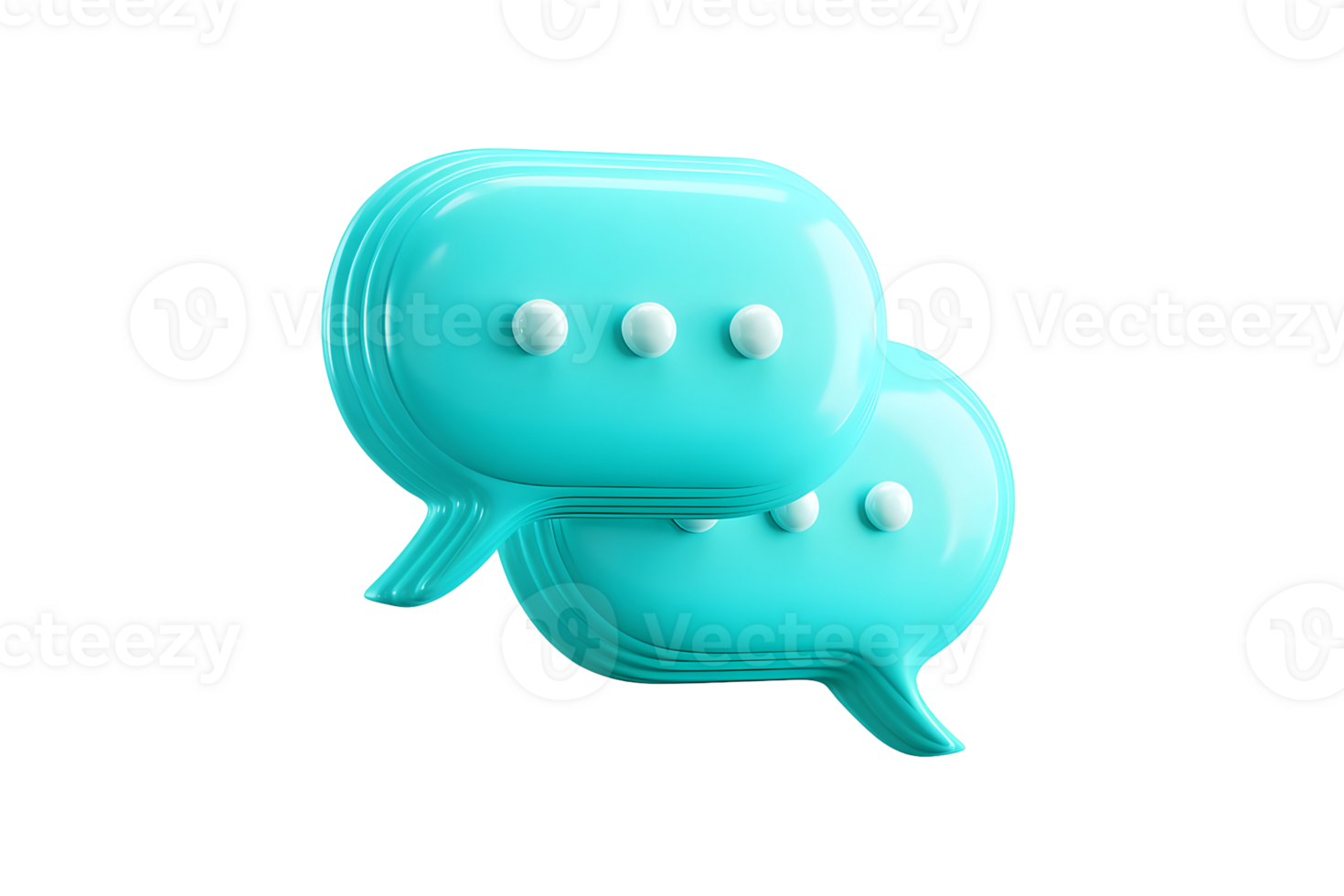 Glossy turquoise speech bubbles with ellipsis dots. Communicates conversation or messaging on a transparent background png