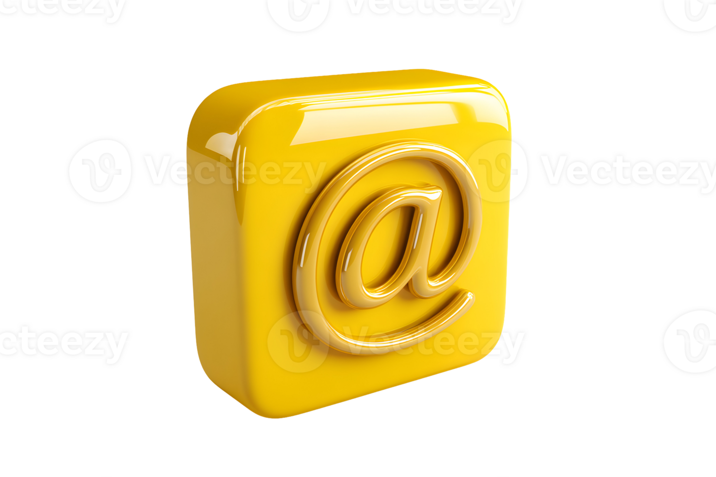 Glossy yellow cube with light brown at symbol, elevated on a transparent background. Bold icon, graphic design element png