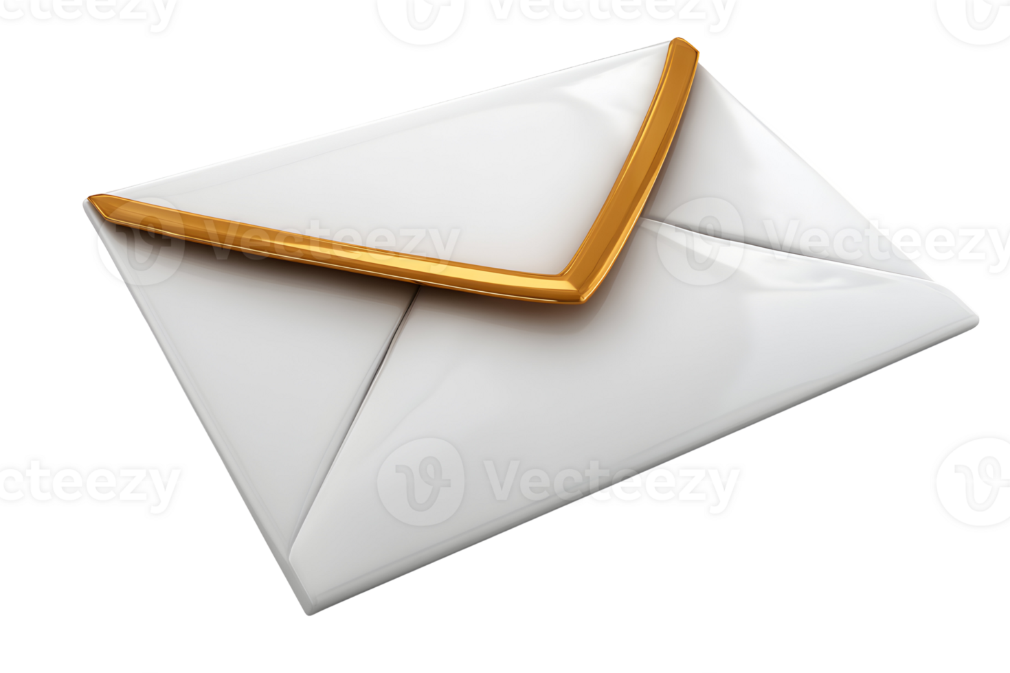Glossy white envelope with a shiny golden trim on its flap, on a transparent background png