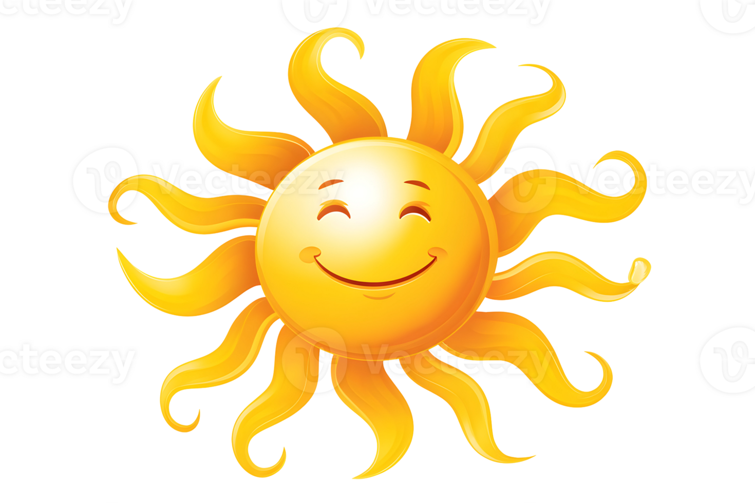 Smiling sun with curved rays, a cartoon-style happy face against a transparent background png