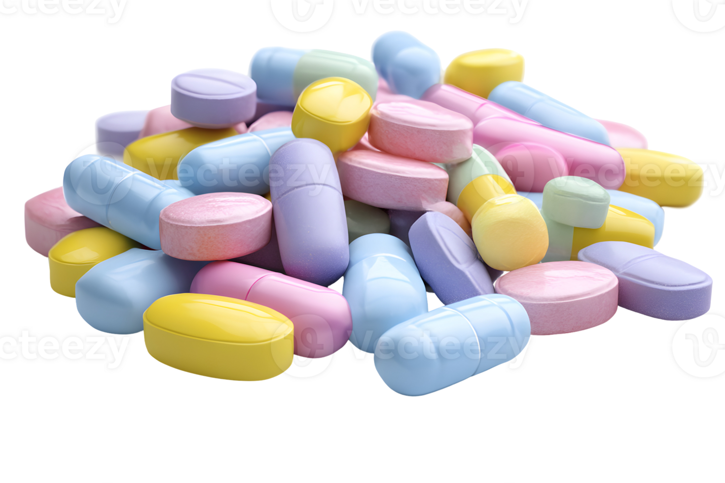 Pile of pastel pills in various shapes and sizes, ranging from round to oval, on a transparent backdrop png