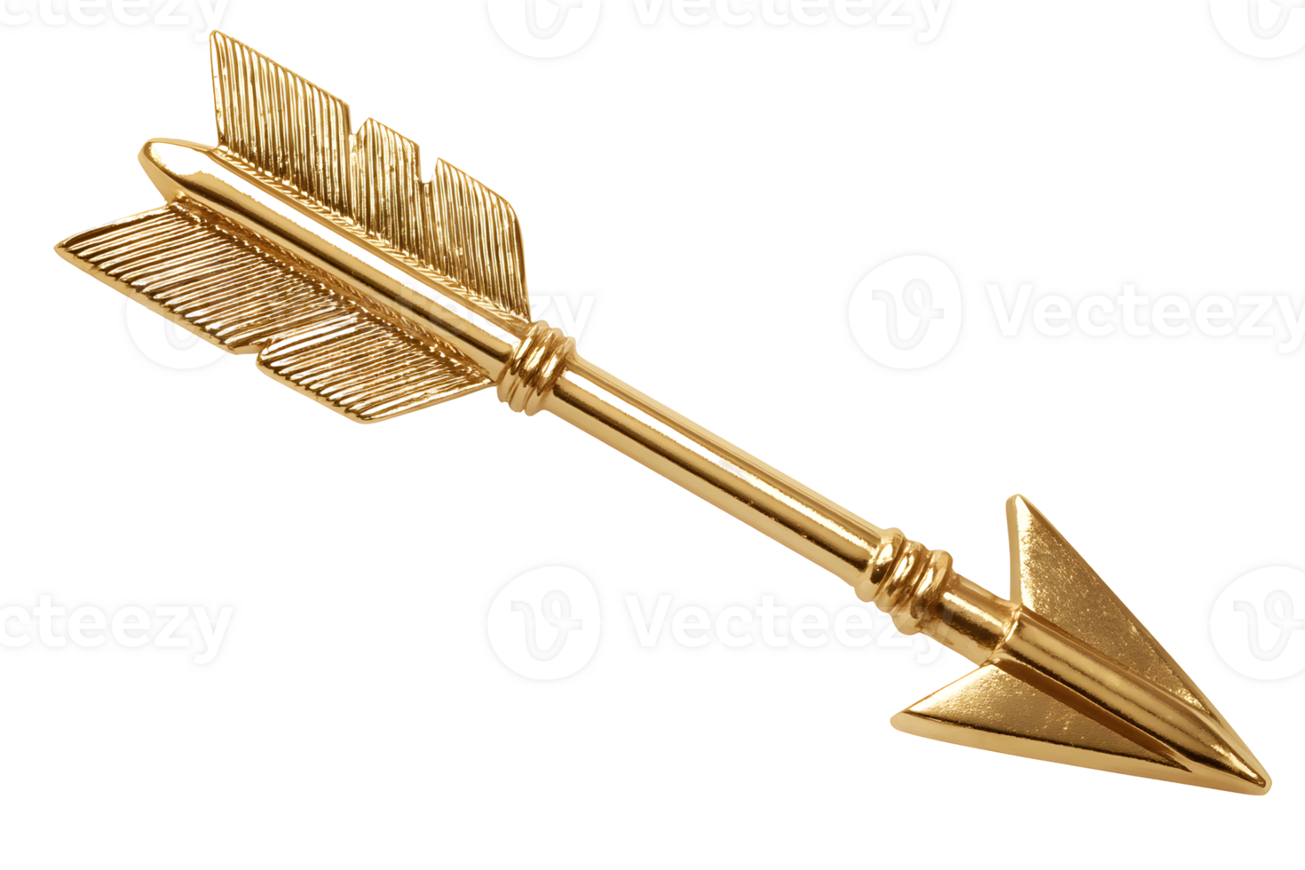 Golden arrow. Symbolic object with pointed head and fletched tail. Gleaming finish with detailed design png