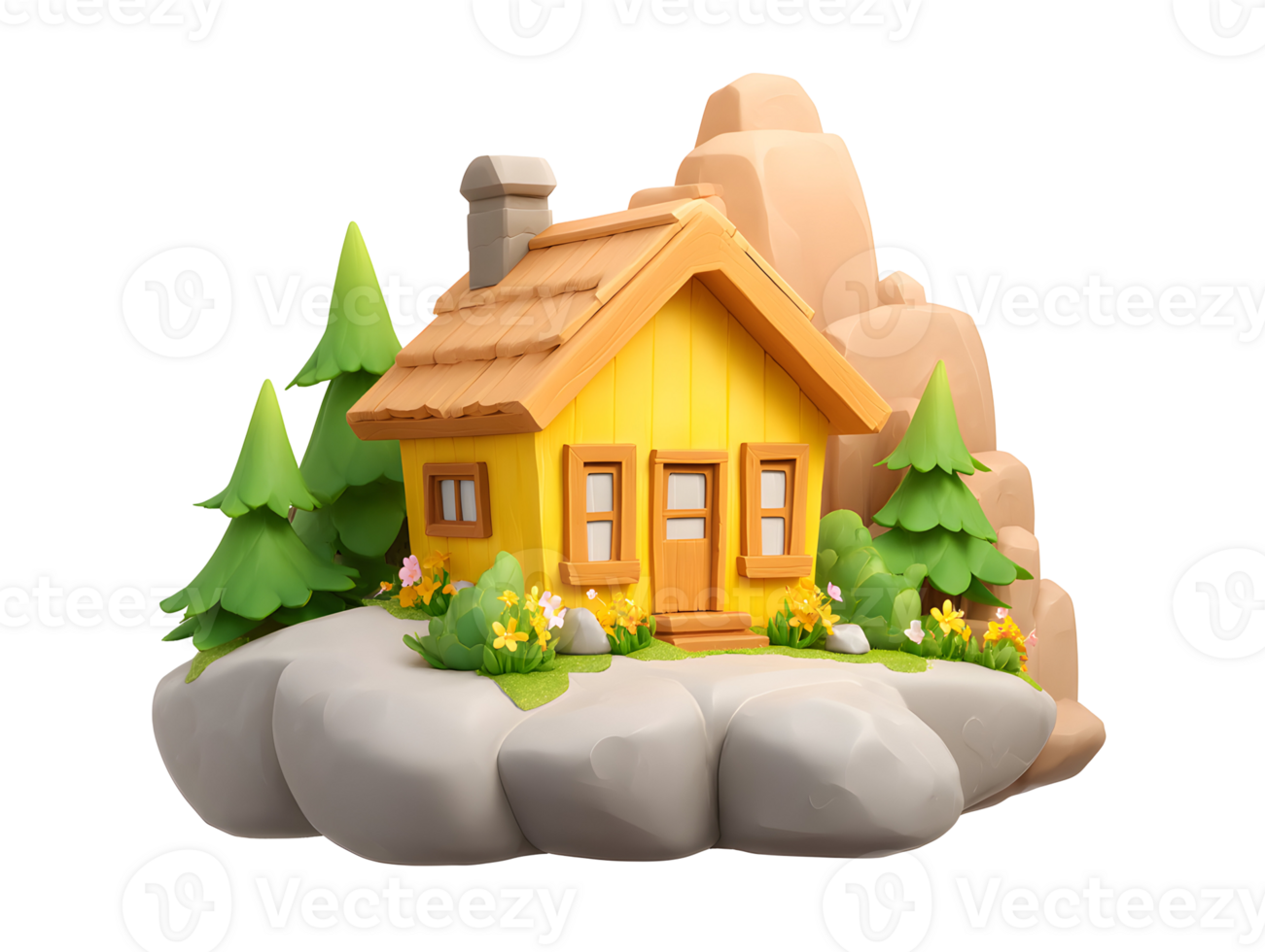 Cozy yellow cabin nestled among rocks and trees. A scenic, peaceful, small home png