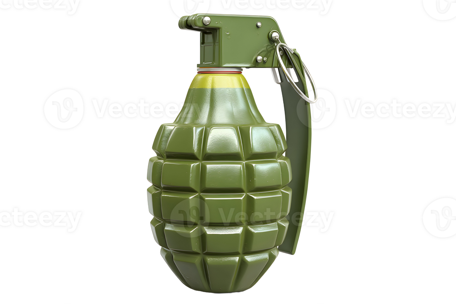 Green grenade with metal pin and lever against a transparent background. Detailed textured body png