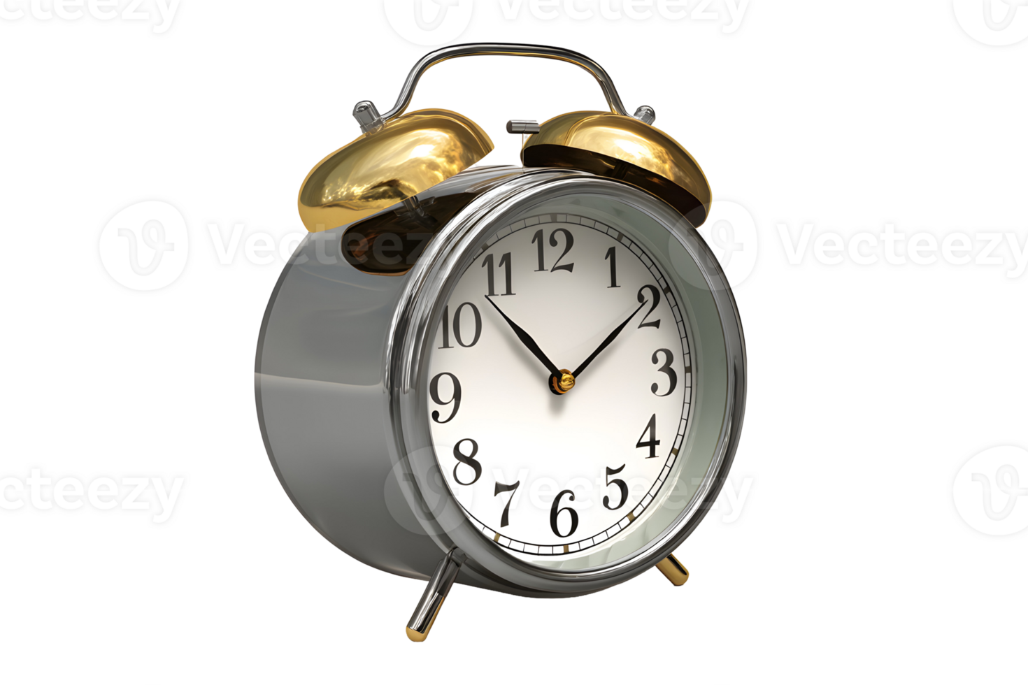 Chrome alarm clock featuring gold bells, with white clock-face and black numbers png