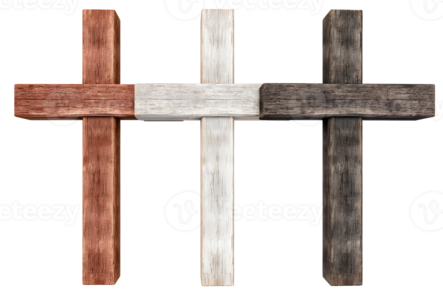Three crosses in a row made from textured wood, each with a different shade. Isolated on transparent background png