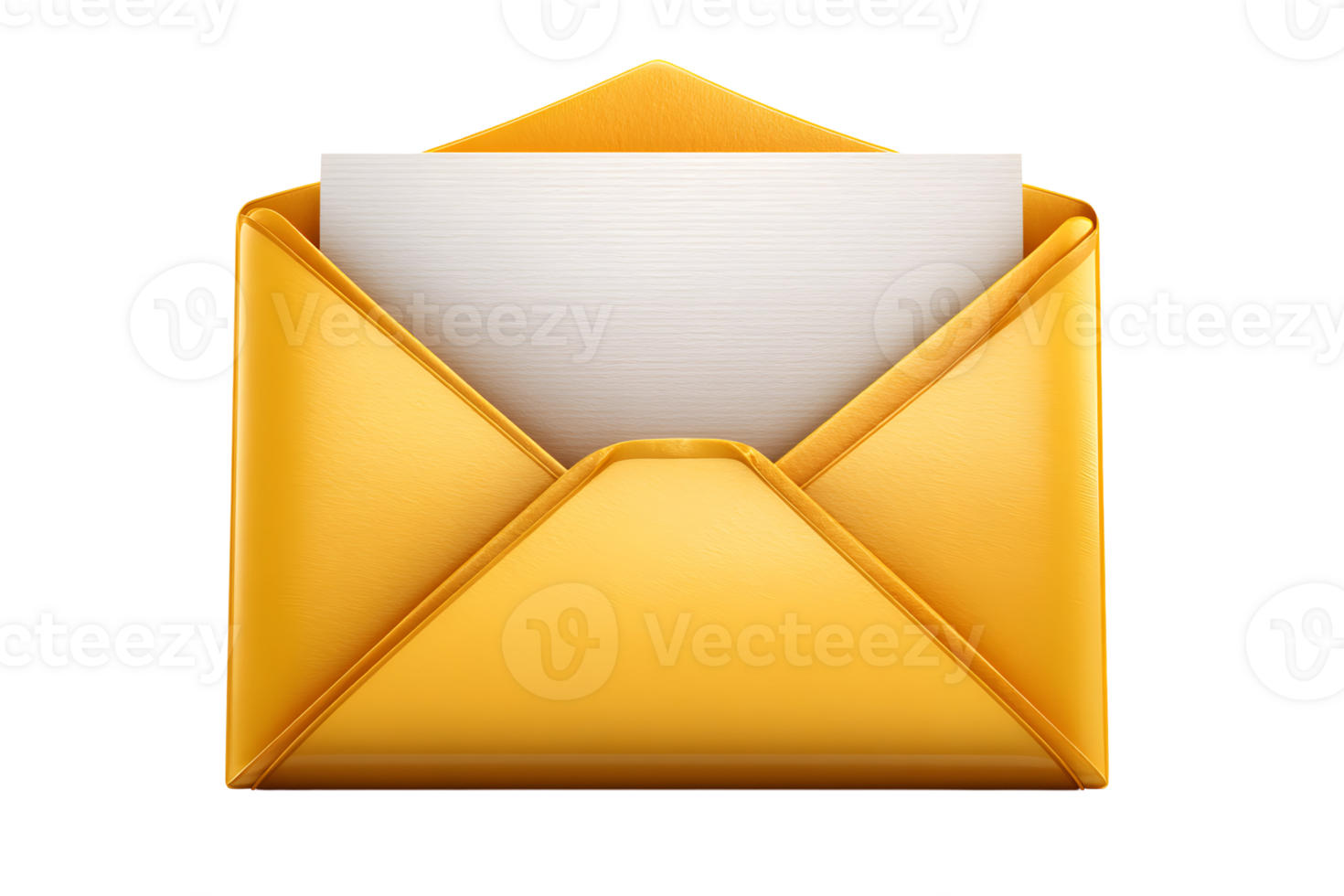 Open golden envelope with blank white paper inside. Invitation or letter illustration png