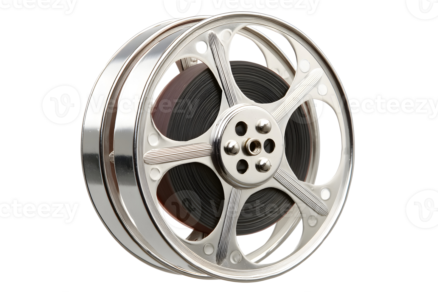 Film reel image Shiny, metal reel with unspooled film. Black film and silver metallic body. Round with circular design png