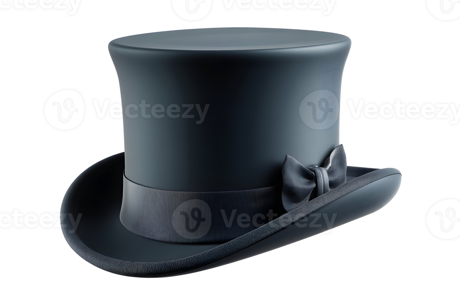 Sleek grey top hat with a bow tie accent angled view with gradient lighting, on a transparent background. png
