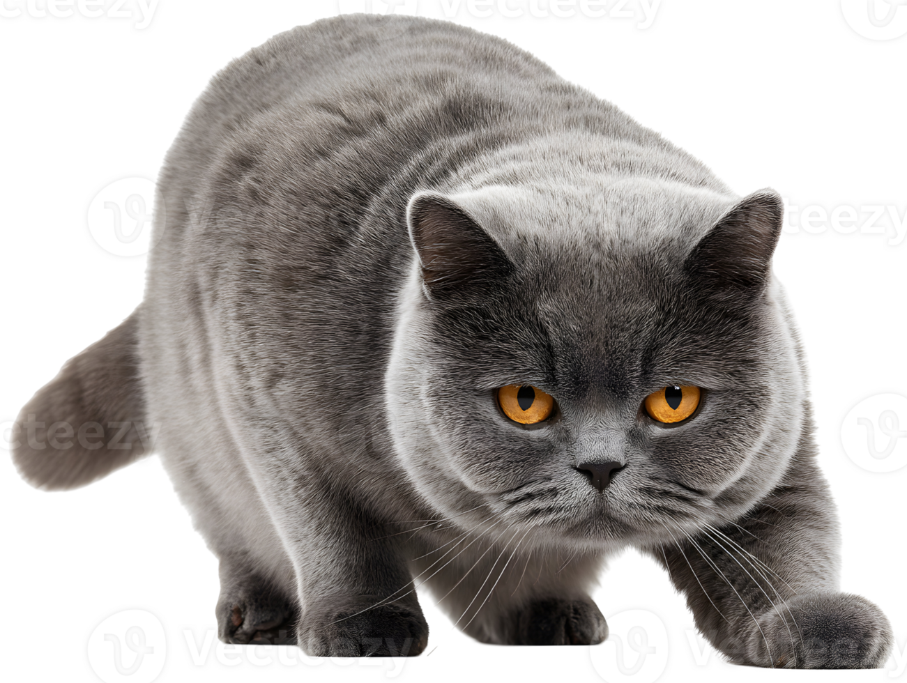Grey cat crouches low. Intense orange eyes. Ready to pounce. Full body shot. Isolated png