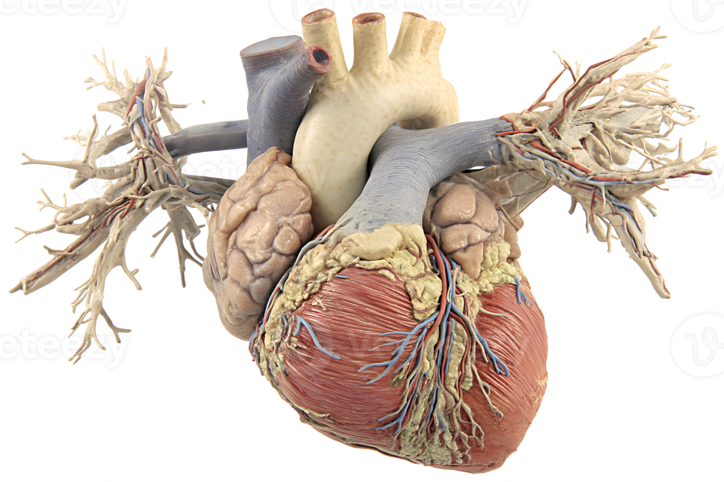 Human heart anatomy. Veins, arteries, and cardiac structure with detailed textures and colors, isolated on a transparent background png