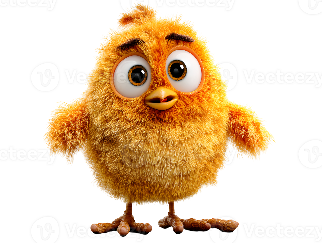 Animated chick with big eyes, soft feathers, tiny beak and feet, against a simple background png