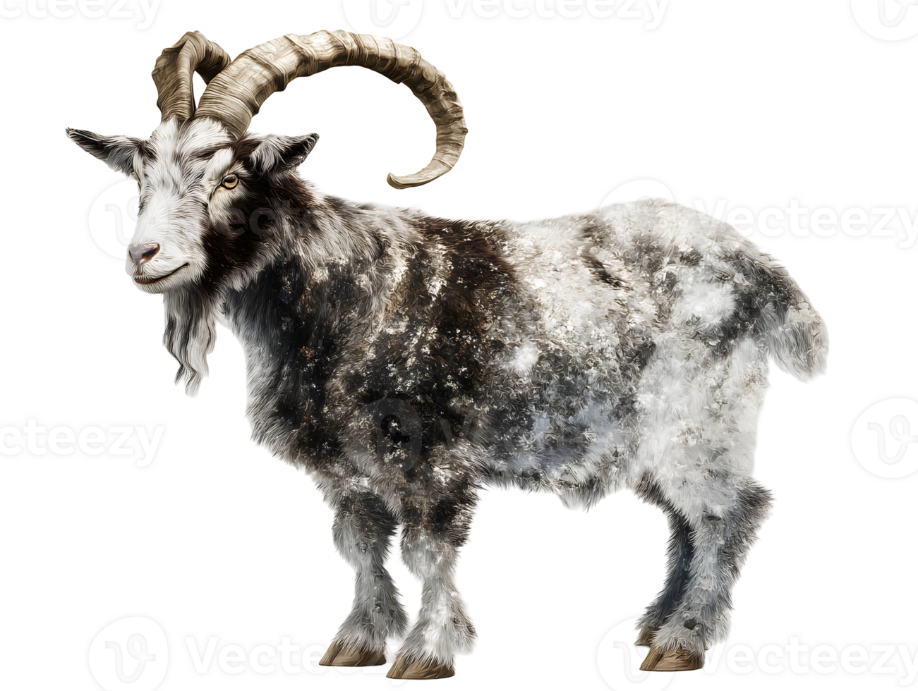 Detailed goat. Grey and white coat. Large, curved horns and a white beard. Looking toward the viewer. Isolated on transparent background png