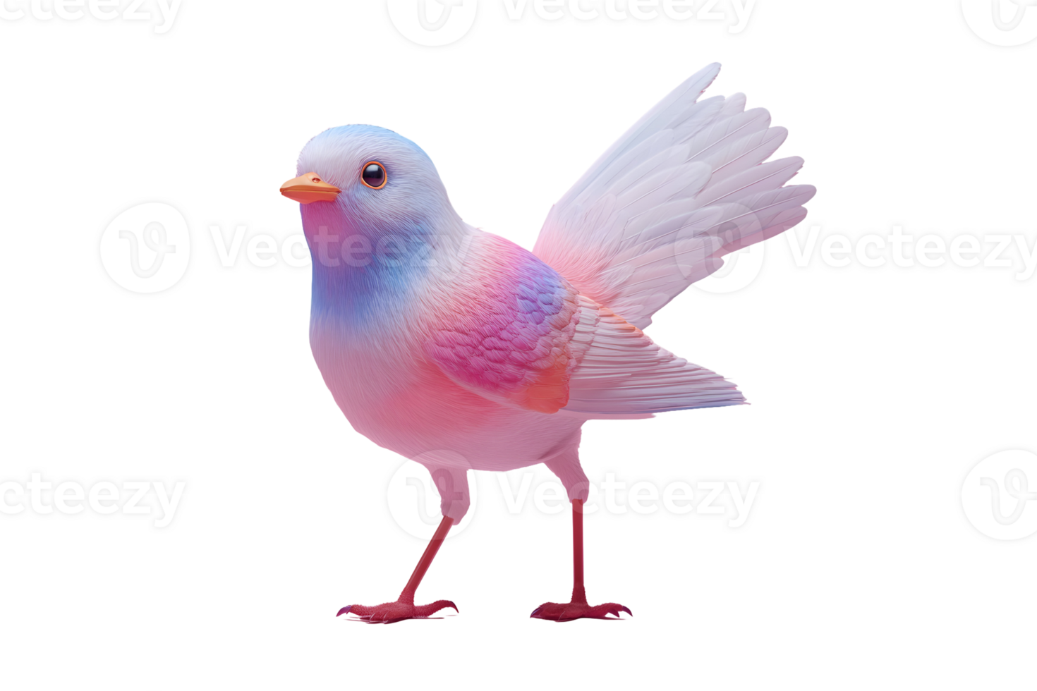 A colorful bird with pastel pink, blue, and white feathers, standing against a transparent background png