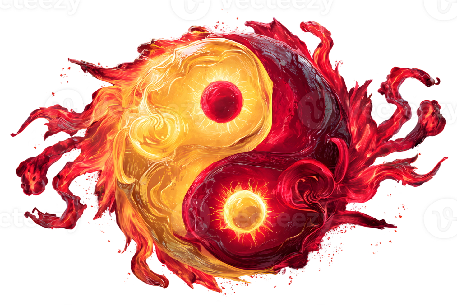 Fiery yin yang symbol, half golden, half red. Centers contain opposing colored circles. Swirling, abstract design png