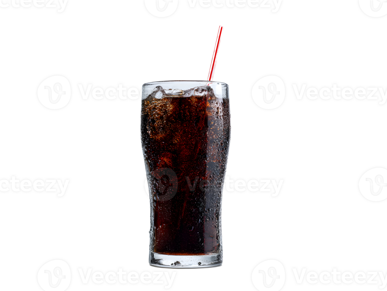A chilled drink with ice. Clear glass and red straw against a transparent background png