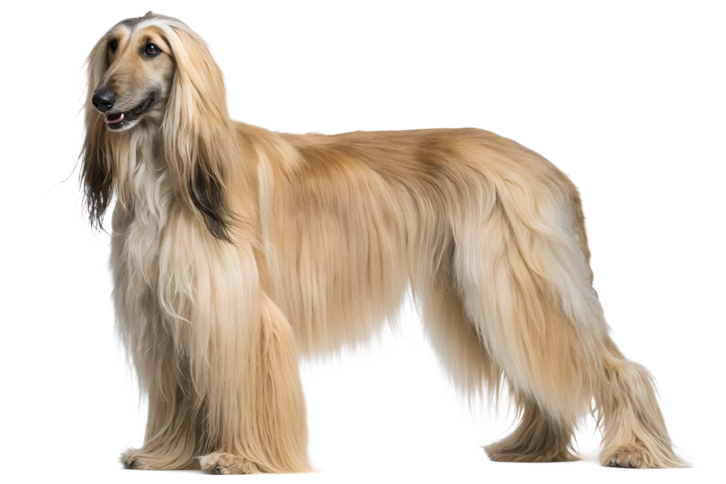 Afghan hound dog isolated, elegant sighthound with long silky coat, regal pose png