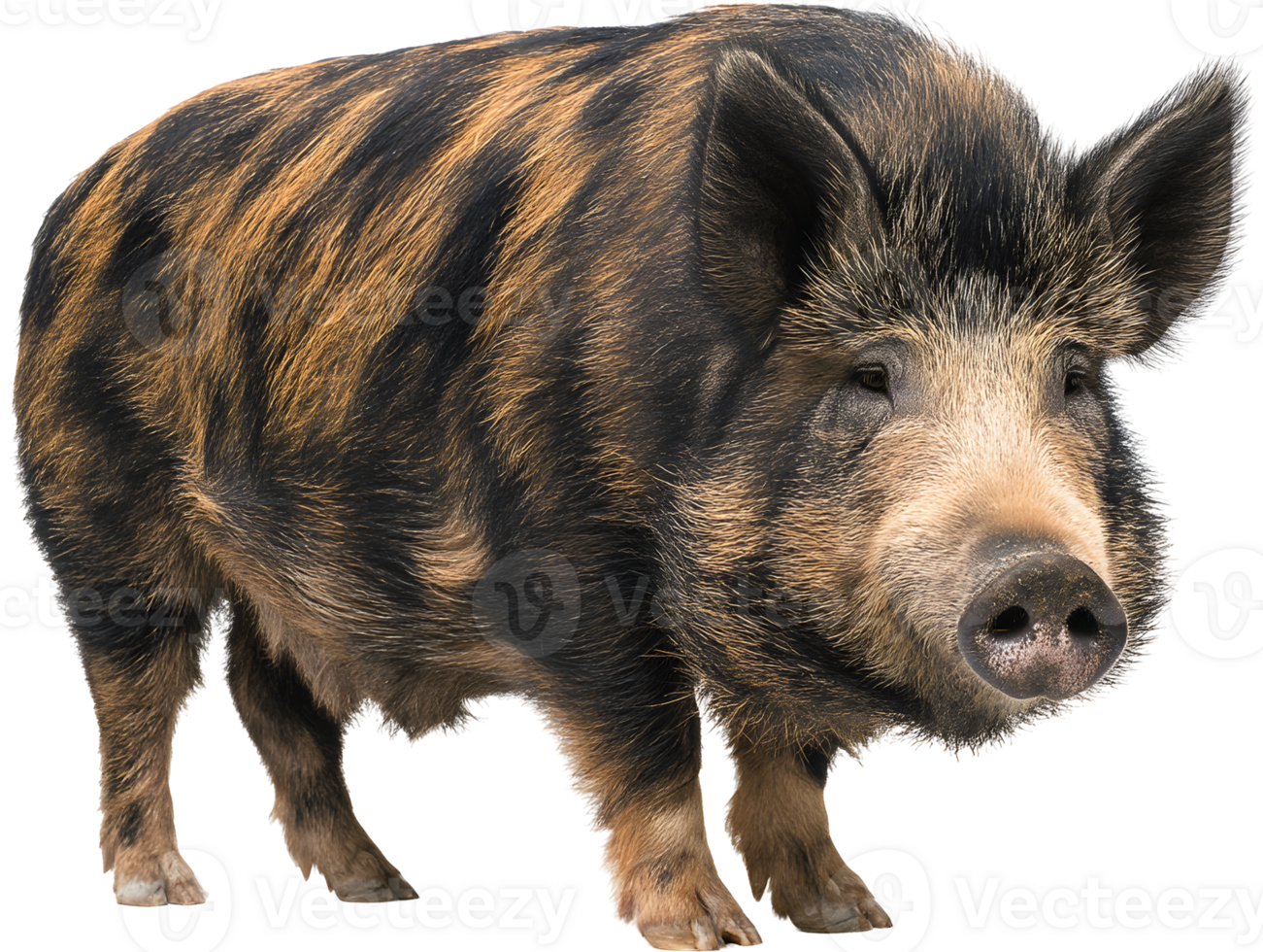 Striped hog with a light snout and ears, standing against a transparent backdrop png
