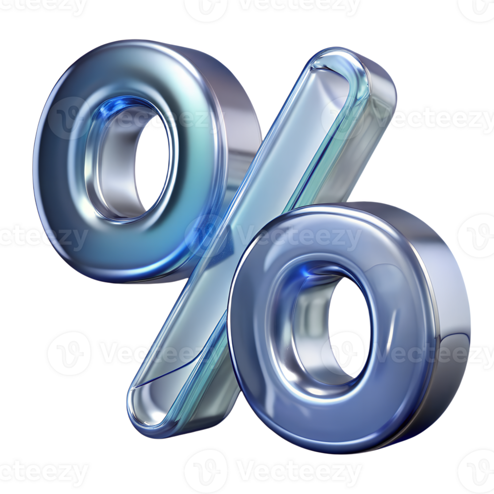 Glossy blue percentage sign 3d isolated, mathematical symbol with metallic finish png