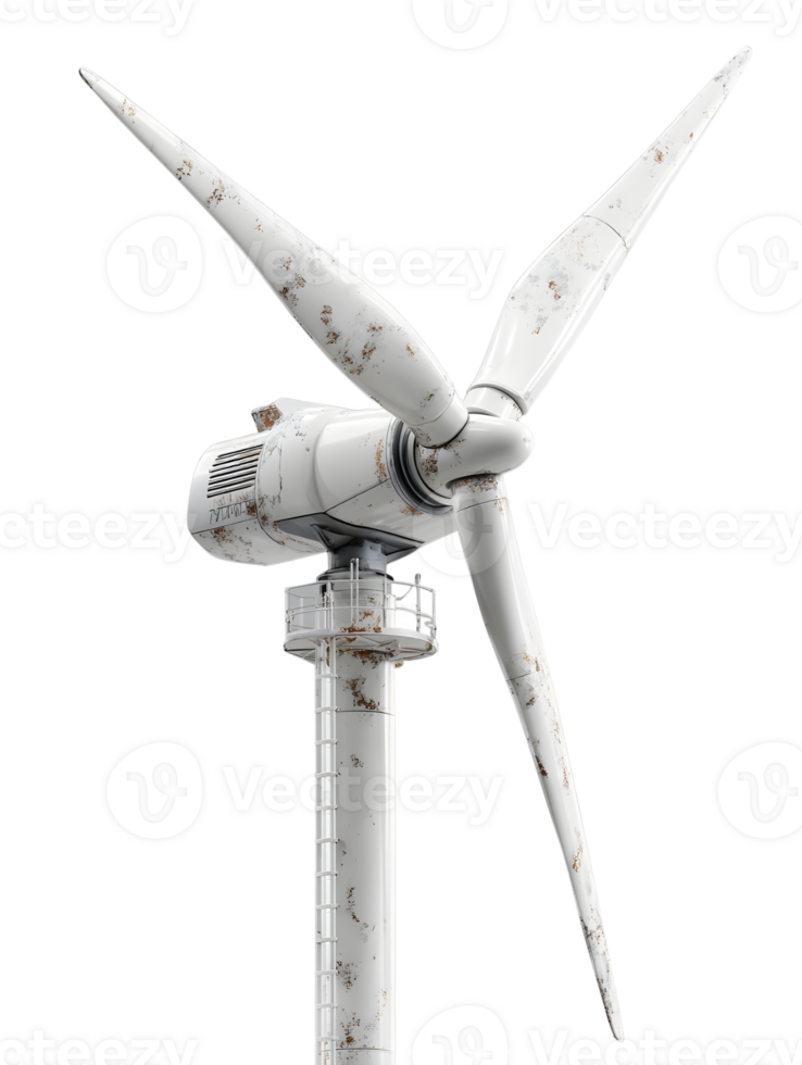 Weathered wind turbine against white background, rustic renewable energy generator, eco power concept png