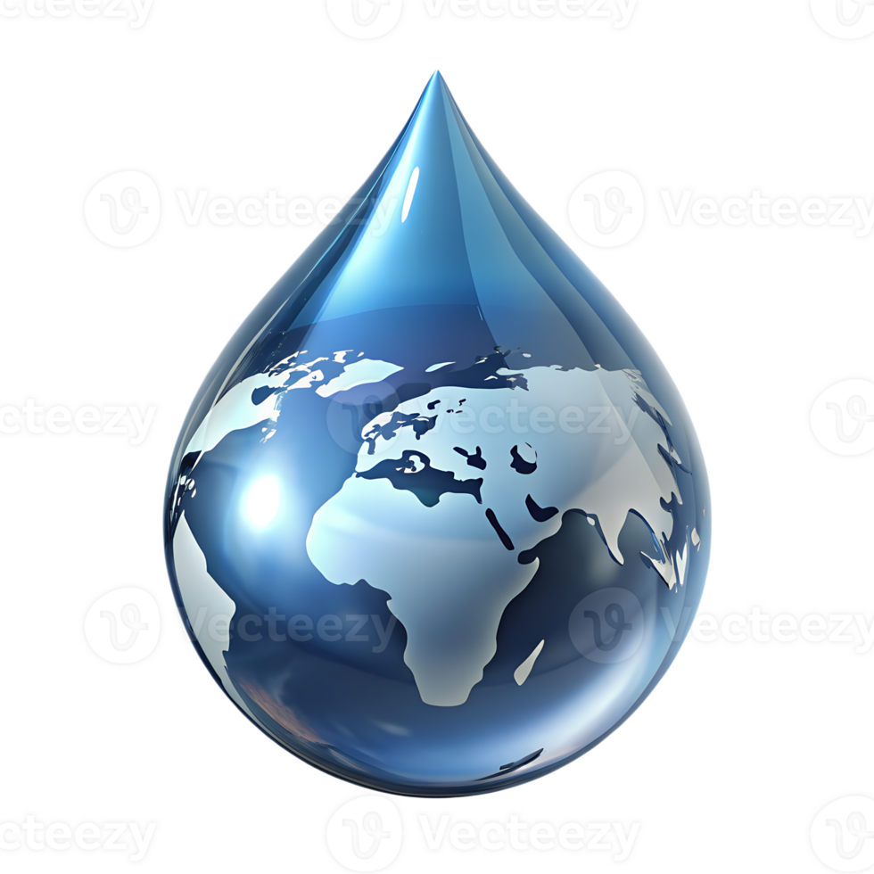 World in a water drop 3d render, planet earth reflection on liquid sphere, environmental concept png