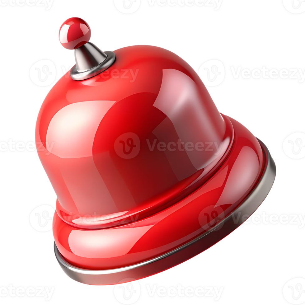 Red fire alarm bell 3d isolated, emergency safety equipment with metallic shine png