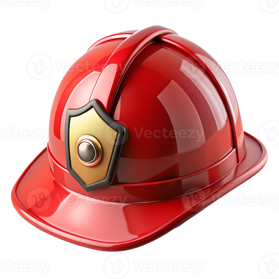 Red fireman helmet 3d isolated, glossy first responder gear with reflective details png