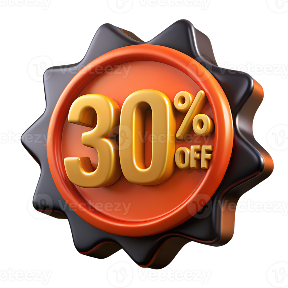30 off discount badge 3d, red sale tag with shiny text, promotion sticker png