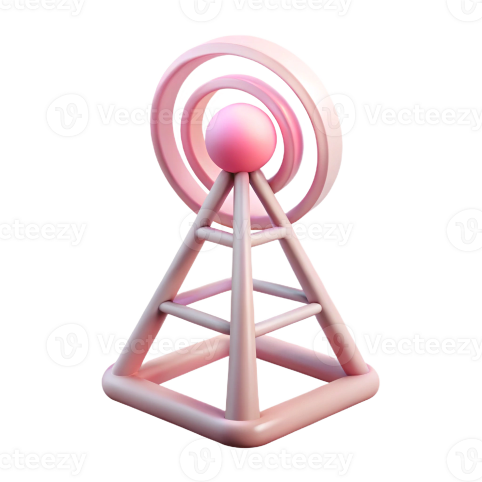Pink 3d cartoon antenna tower for telecommunications, cellular network infrastructure png
