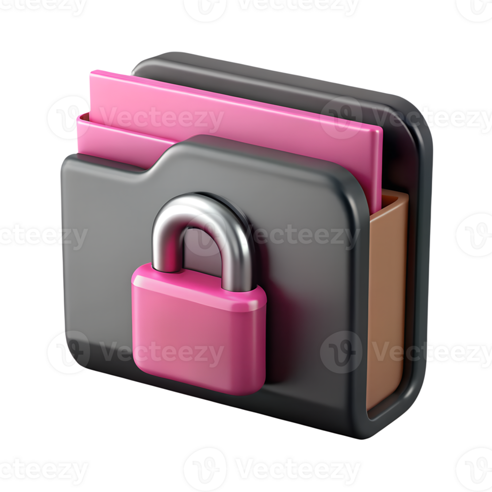 Secure folder icon with pink padlock 3d, digital privacy symbol, cute protection png