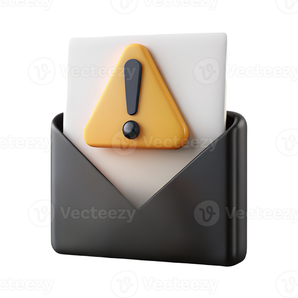 Warning message in envelope 3d, urgent letter with exclamation mark, isolated png