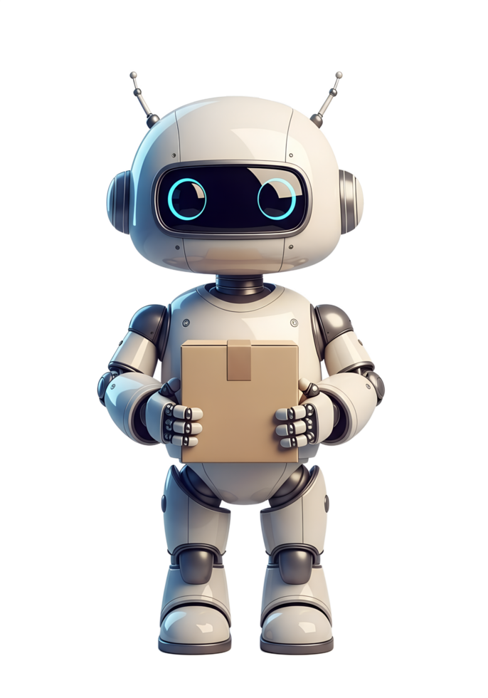 Cute robot delivering cardboard box, friendly ai helper with package png
