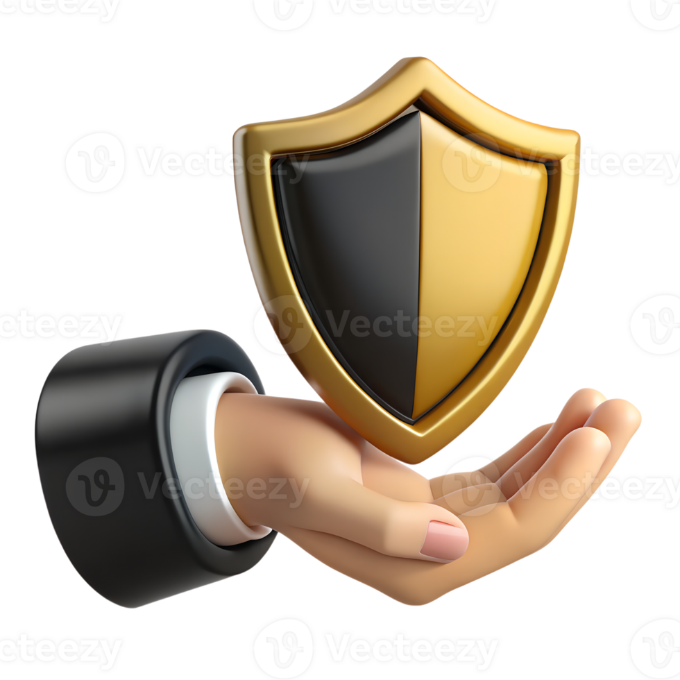 3d hand holding black and golden shield, cybersecurity and protection concept png