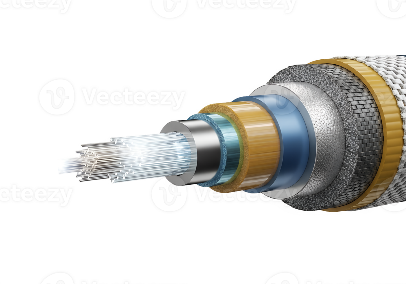 Detailed cross-section of fiber optic cable, layered glass strands and protective casing png