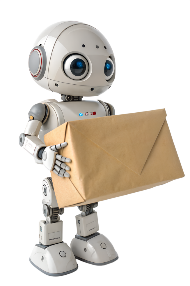 Robot carrying cardboard box, e-commerce or warehouse automation illustration png