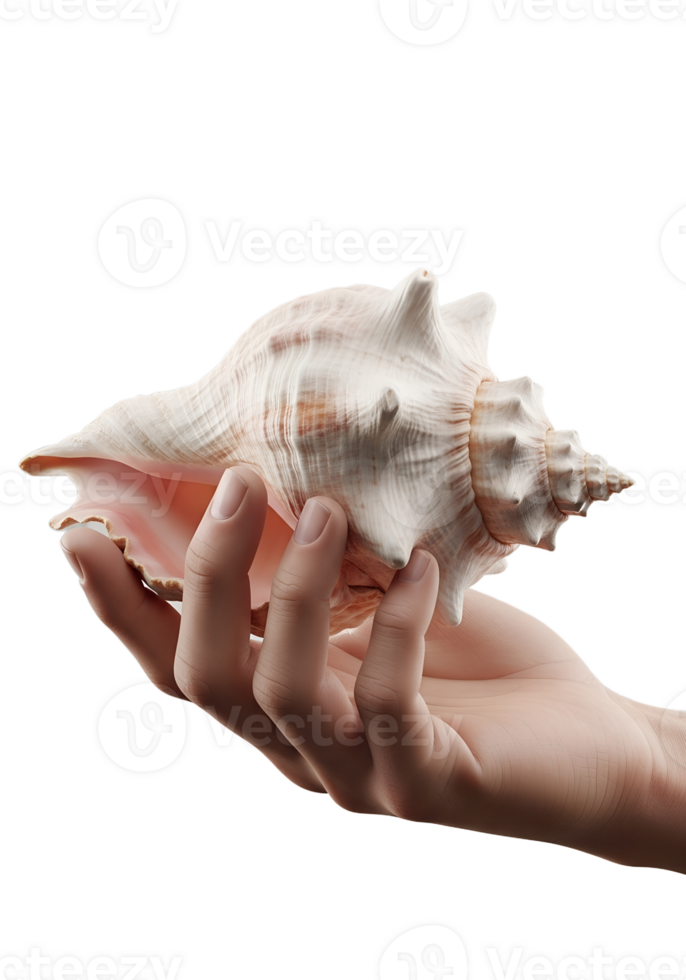 Hand holding large conch shell, beach vacation or marine life concept png