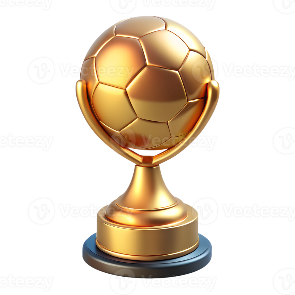 Golden soccer trophy for champions 3d, shiny cup with engraved base, victory award png