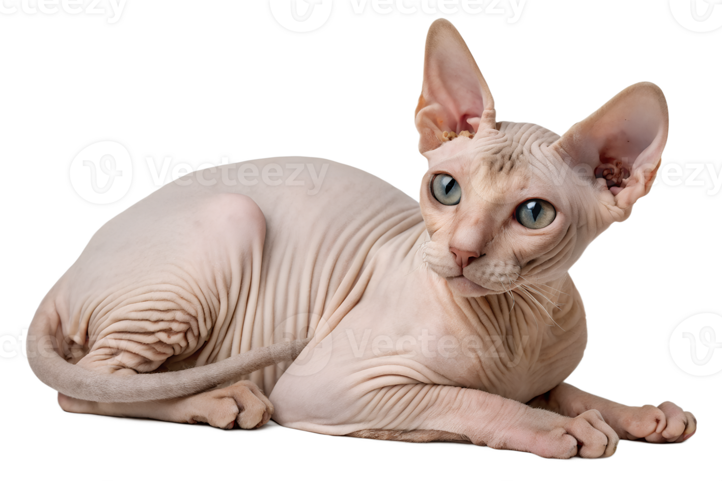 Sphynx cat lying down, hairless feline resting, isolated on the transparent background png