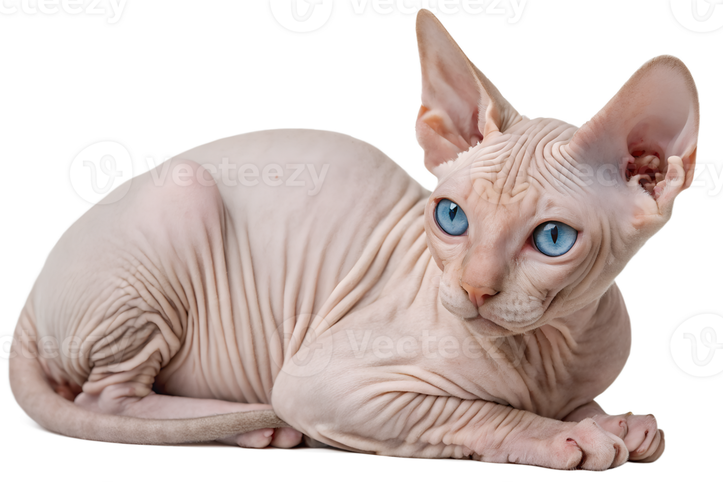 Hairless sphynx cat with piercing blue eyes, relaxed pose, minimalist pet portrait png