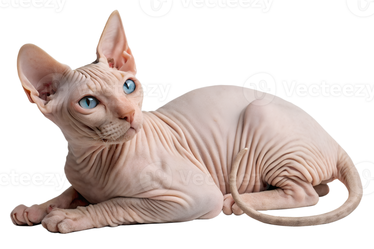 Sphynx cat with striking blue eyes lying isolated, hairless pet on transparent background png