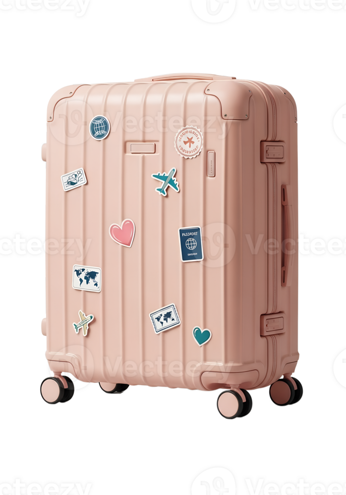 Pink suitcase with travel stickers isolated, luggage with destination labels png