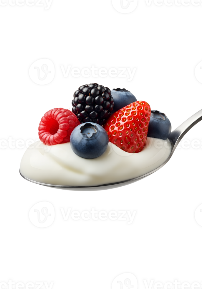 Creamy yogurt with berries on spoon, fresh strawberries and blueberries, for healthy eating ads or menus png