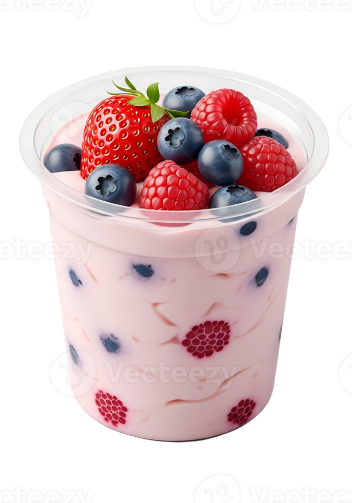 Creamy yogurt cup with berries on transparent background, raspberries and blackberries, breakfast or dessert png