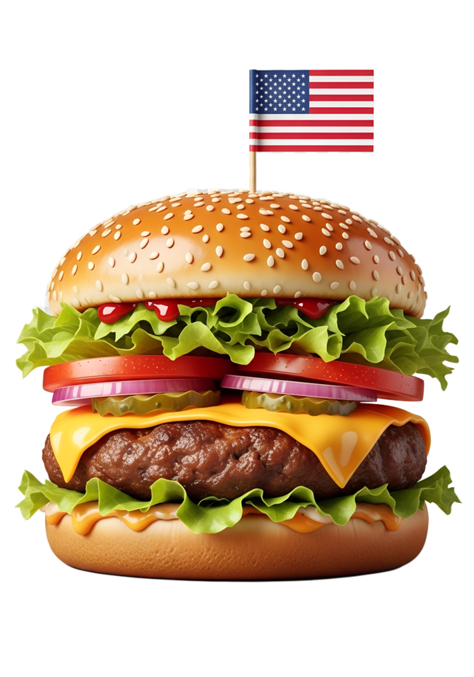 Cheeseburger with american flag isolated, patriotic fast food, 4th of july theme png