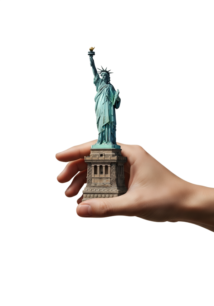 Tiny statue of liberty held in hand, patriotic usa symbol in miniature form png