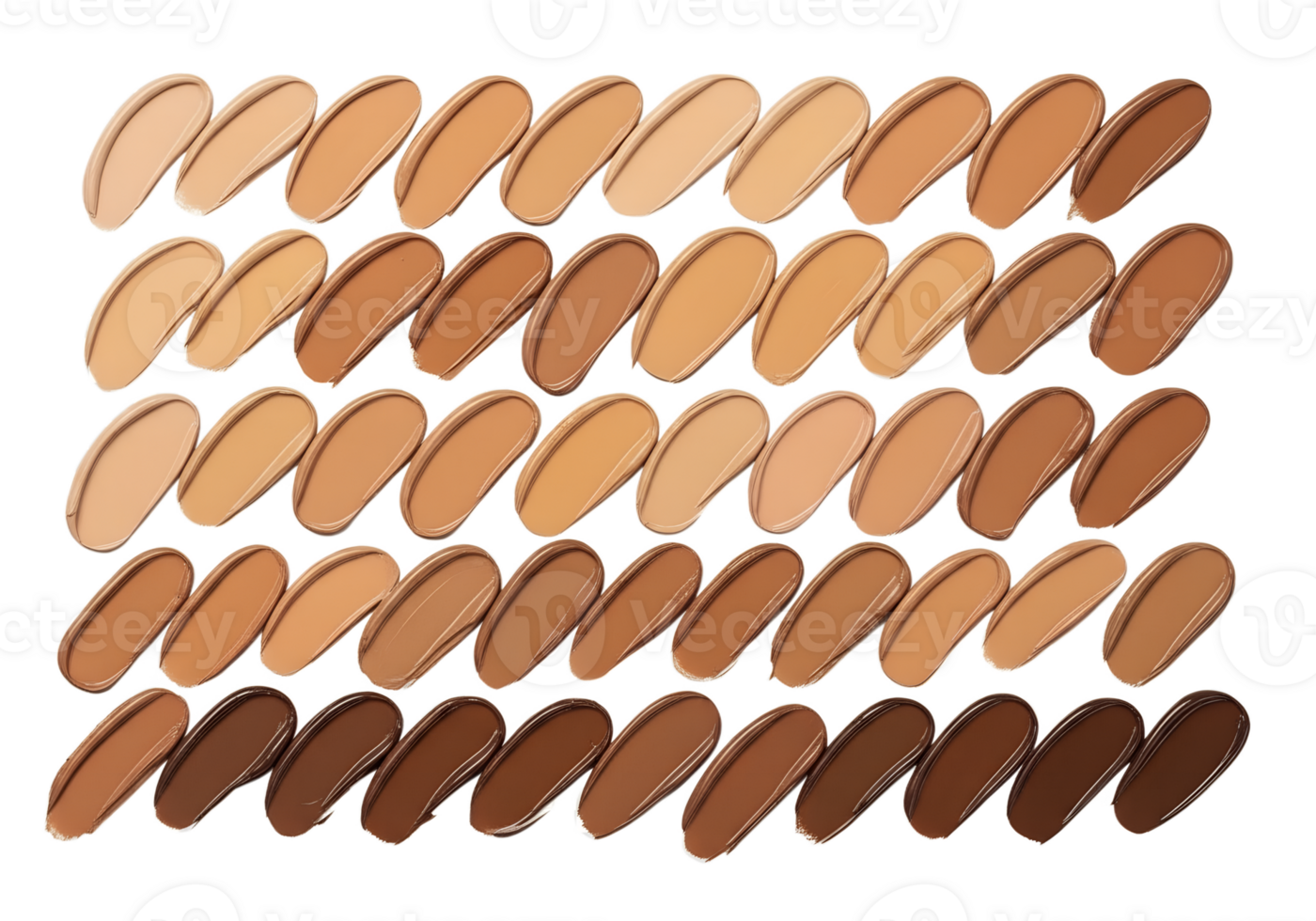 Makeup foundation swatches, varied shades from light to deep, beauty product display png